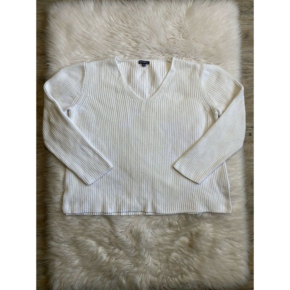 J Crew XL V-Neck Sweater White Rib Knit Loose Fit